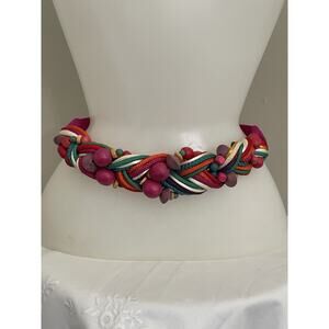 Vtg Leather Shop 1980's Braided Robe Wooden Beads Belt Statement Tutti Frutti S
